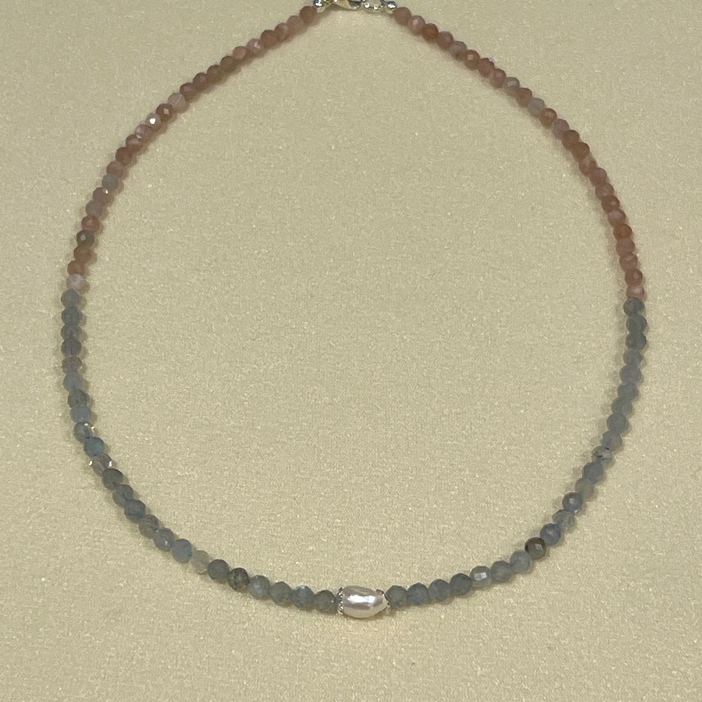 New Faceted Labradorite & Sunstone Beaded Necklace With Freshwater Pearl Focal